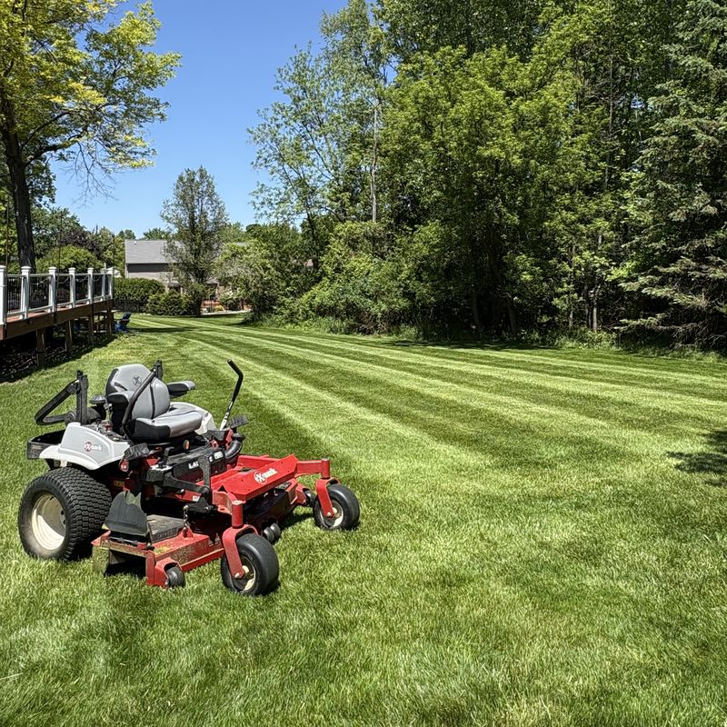 Freshly striped lawn in Milford, Michigan with a zero-turn mower